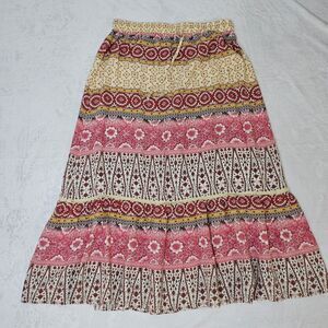Cynthia Rowley S Stretchy Waist Boho Print Midi Skirt Pink Cream Floral Beads